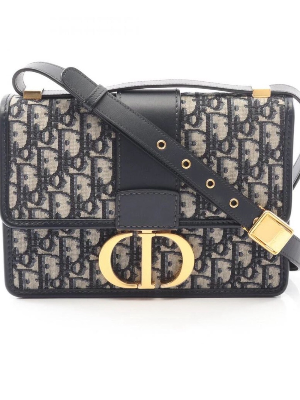 Dior Montaigne Oblique Jacquard Shoulder Bag Canvas Leather Beige Navy Blue